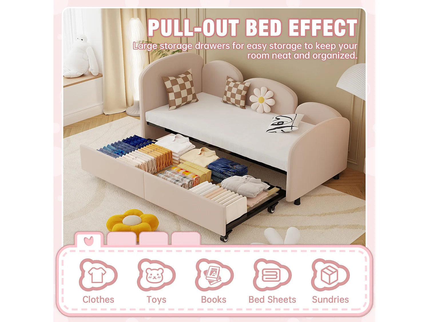 Lit Banquette Gigogne 90×200 cm Velours Rose – Design Pétale Doux - Tiroir Latéral sur Roulettes – Confort et Mobilité