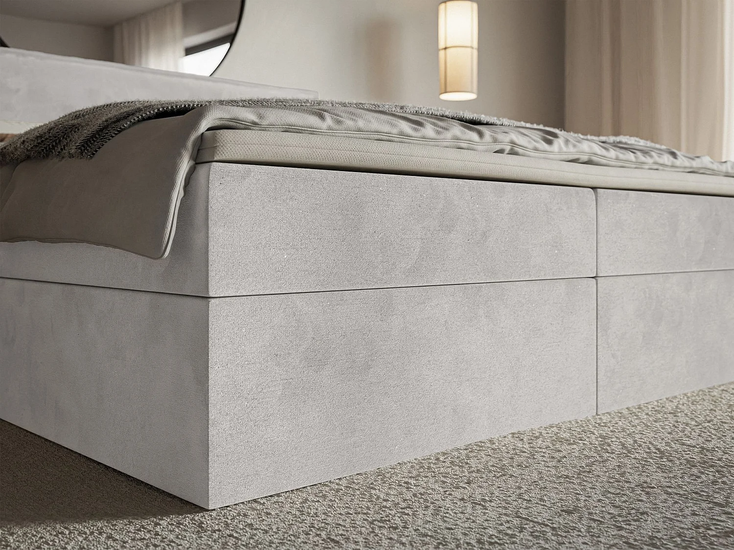 Lit boxspring 140x200 avec surmatelas – en velours déperlant – gris clair – SOFTIE