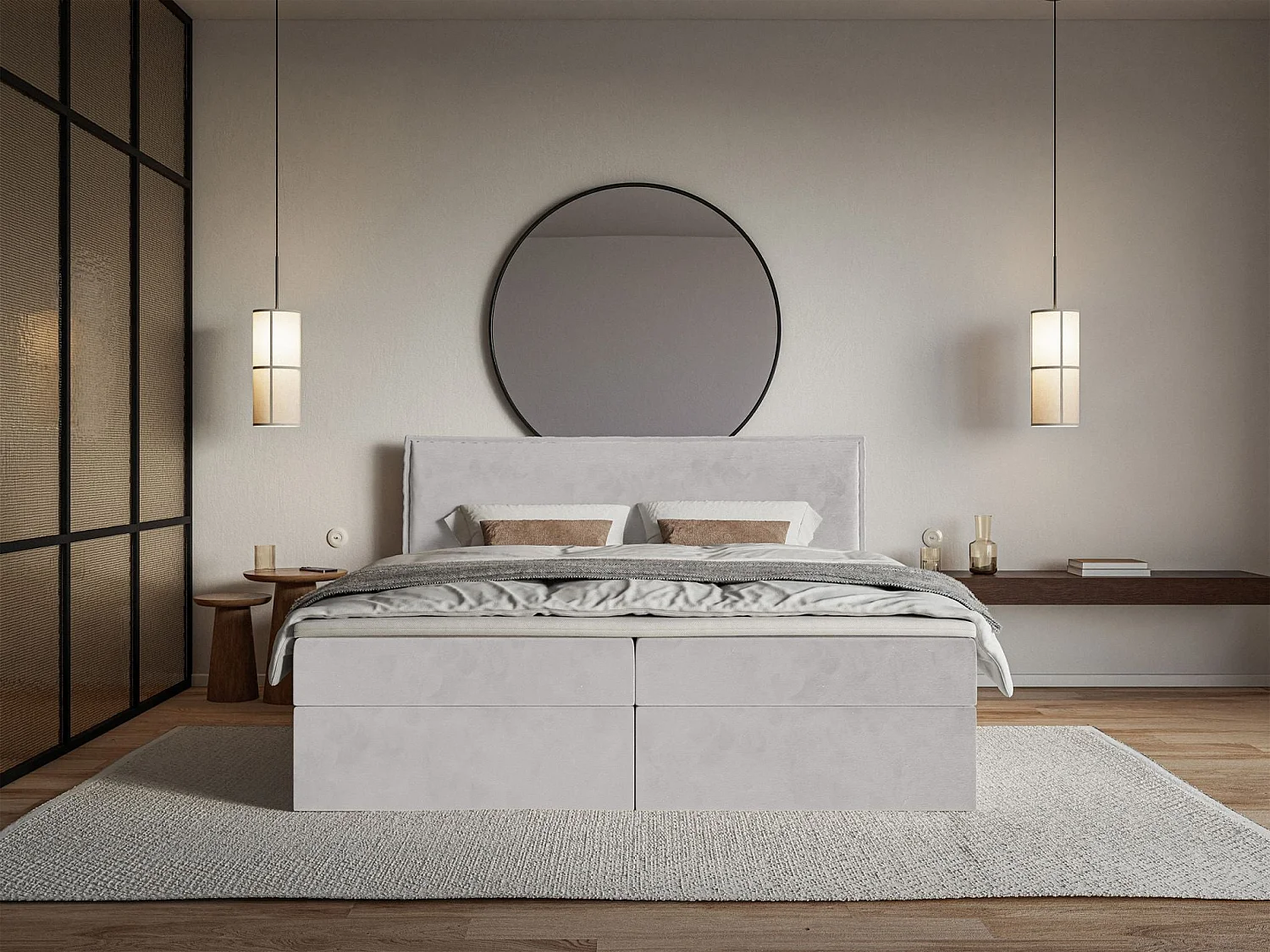 Lit boxspring 140x200 avec surmatelas – en velours déperlant – gris clair – SOFTIE