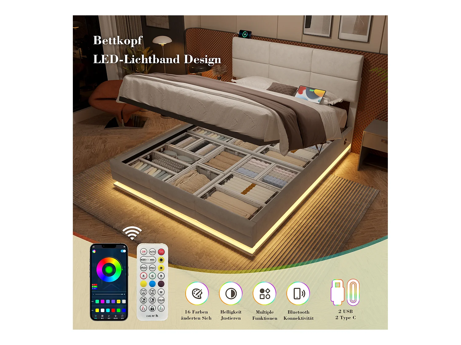 Lit Coffre 160×200 cm Velours Beige - Lit Rembourré – LED Télécommandé + Port USB – Rangement Hydraulique – Style Moderne avec Motif Matelassé