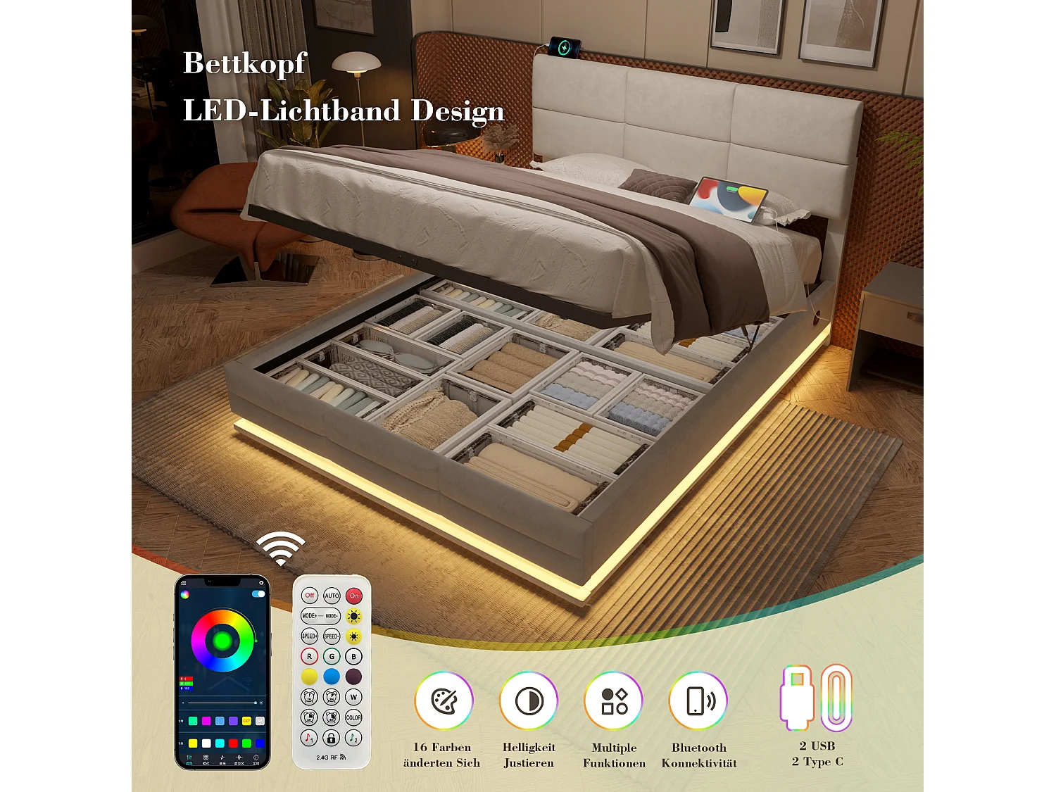 Lit Coffre 160×200 cm Velours Beige - Lit Rembourré – LED Télécommandé + Port USB – Rangement Hydraulique – Style Moderne avec Motif Matelassé