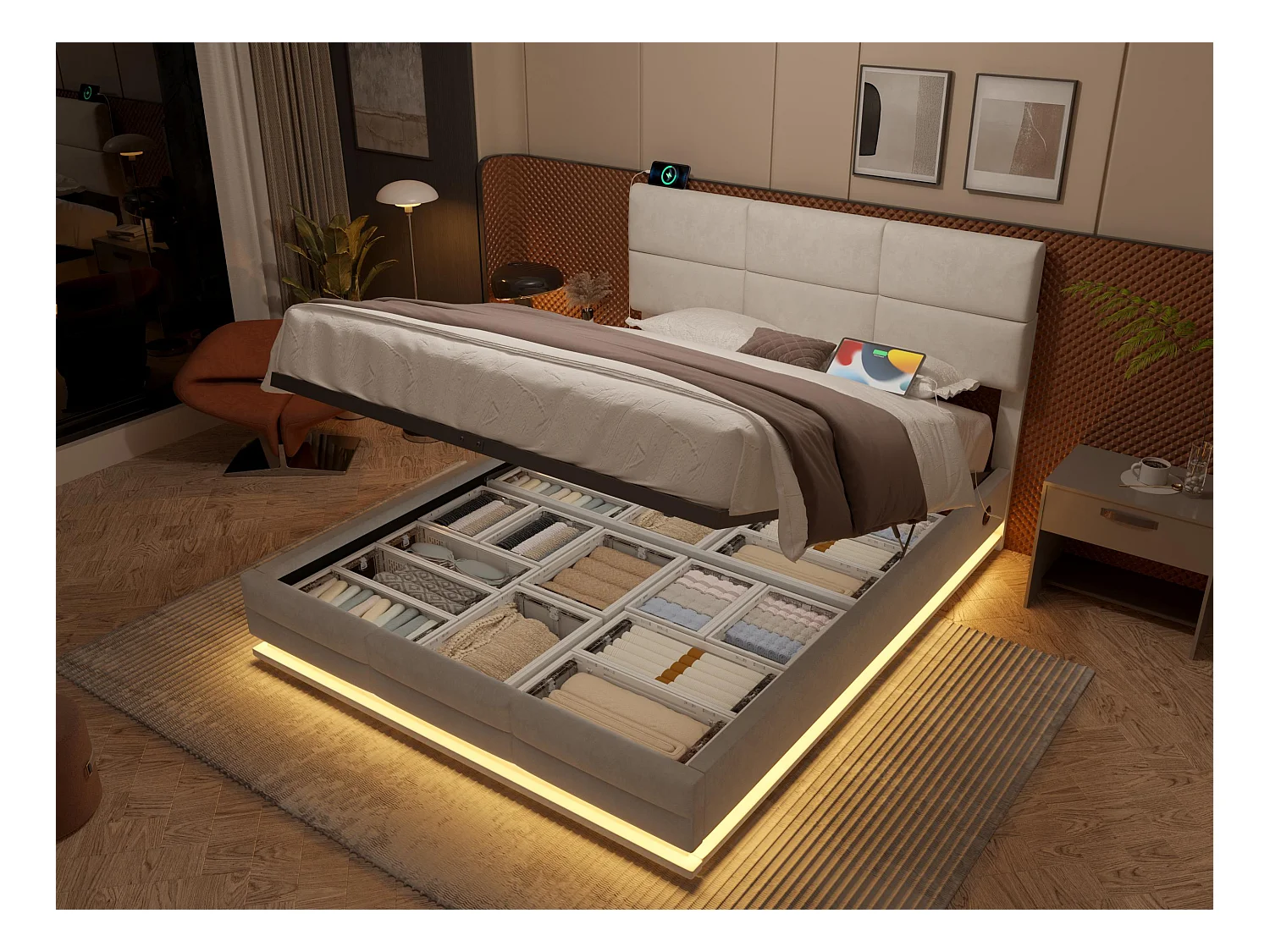 Lit Coffre 160×200 cm Velours Beige - Lit Rembourré – LED Télécommandé + Port USB – Rangement Hydraulique – Style Moderne avec Motif Matelassé