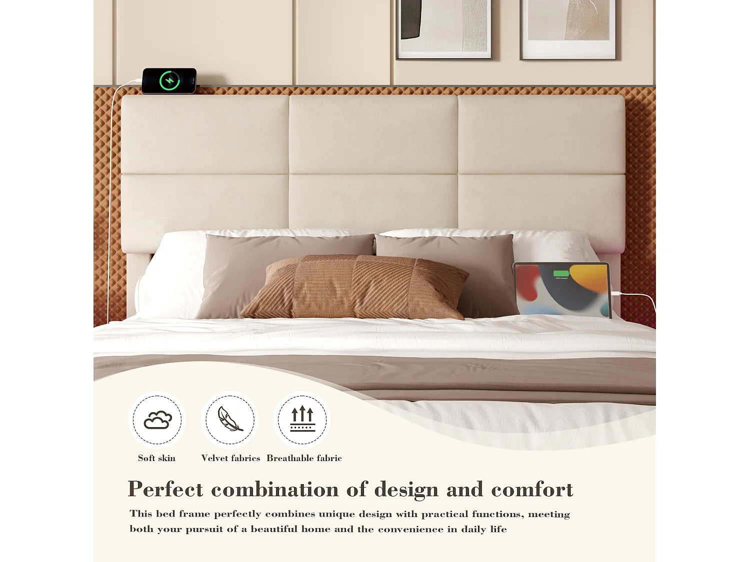 Lit Coffre 160×200 cm Velours Beige - Lit Rembourré – LED Télécommandé + Port USB – Rangement Hydraulique – Style Moderne avec Motif Matelassé