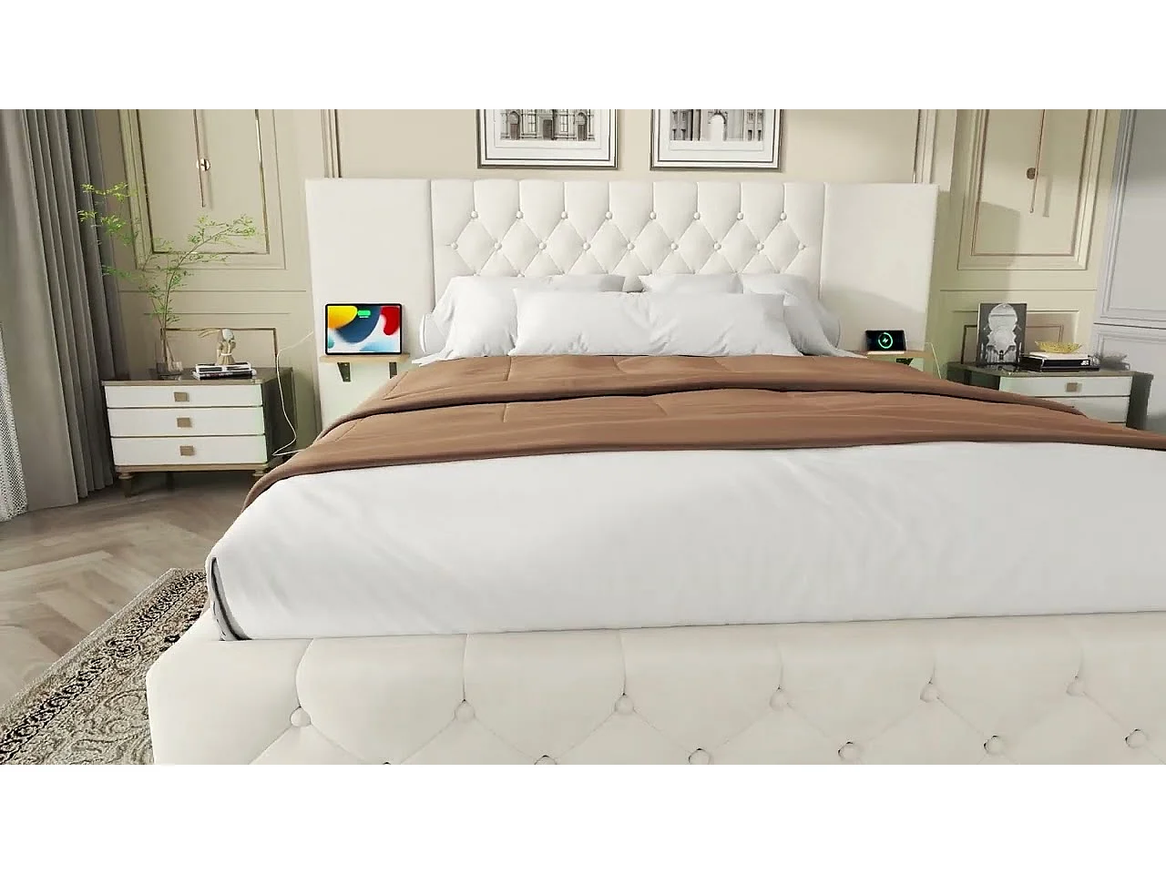 Lit Coffre 160×200 cm - Lit Rembourré en Velours Beige  – Étagère Tête De Lit - LED/USB-C – Coffre Hydraulique – Style Contemporain