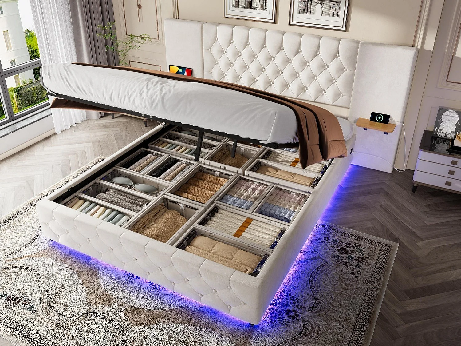 Lit Coffre 160×200 cm - Lit Rembourré en Velours Beige  – Étagère Tête De Lit - LED/USB-C – Coffre Hydraulique – Style Contemporain