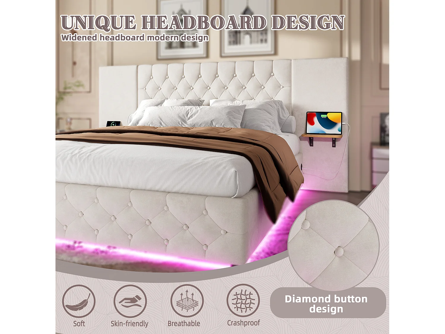 Lit Coffre 160×200 cm - Lit Rembourré en Velours Beige  – Étagère Tête De Lit - LED/USB-C – Coffre Hydraulique – Style Contemporain