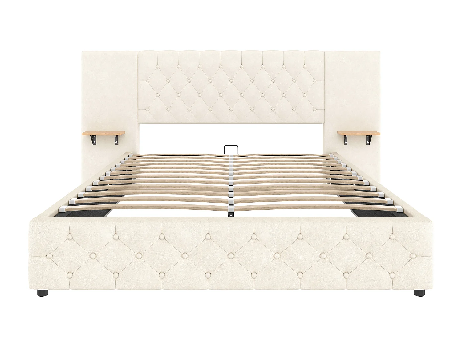 Lit Coffre 160×200 cm - Lit Rembourré en Velours Beige  – Étagère Tête De Lit - LED/USB-C – Coffre Hydraulique – Style Contemporain