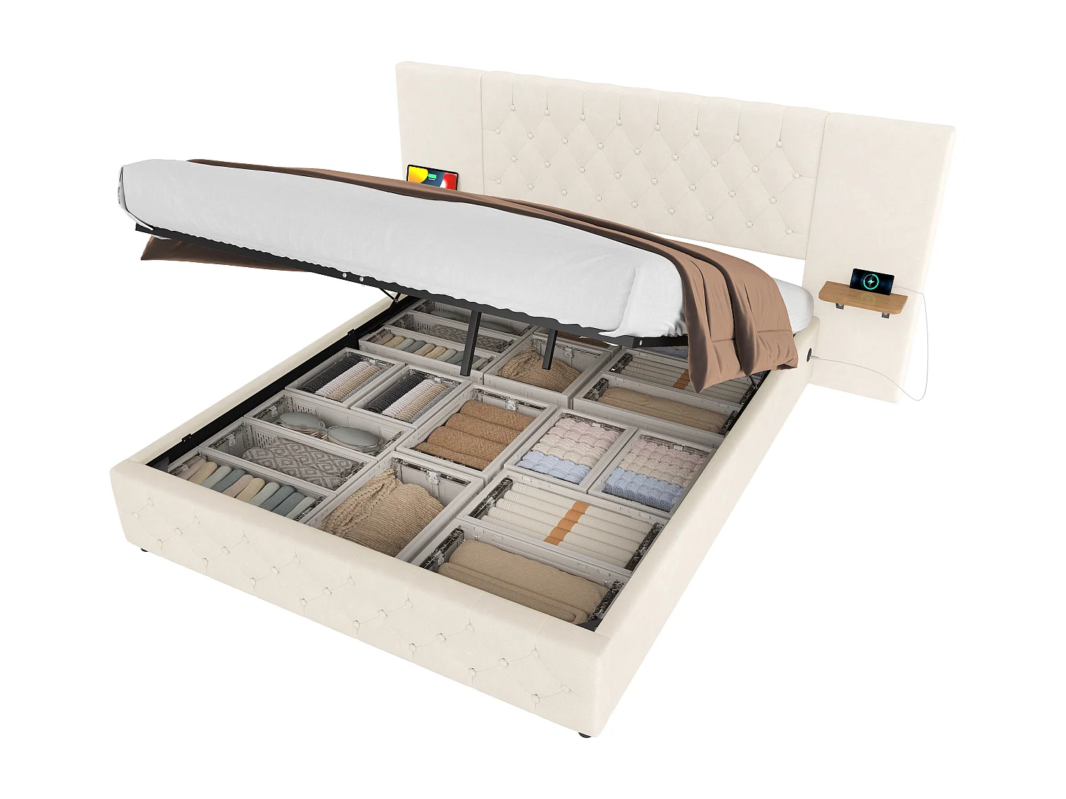 Lit Coffre 160×200 cm - Lit Rembourré en Velours Beige  – Étagère Tête De Lit - LED/USB-C – Coffre Hydraulique – Style Contemporain