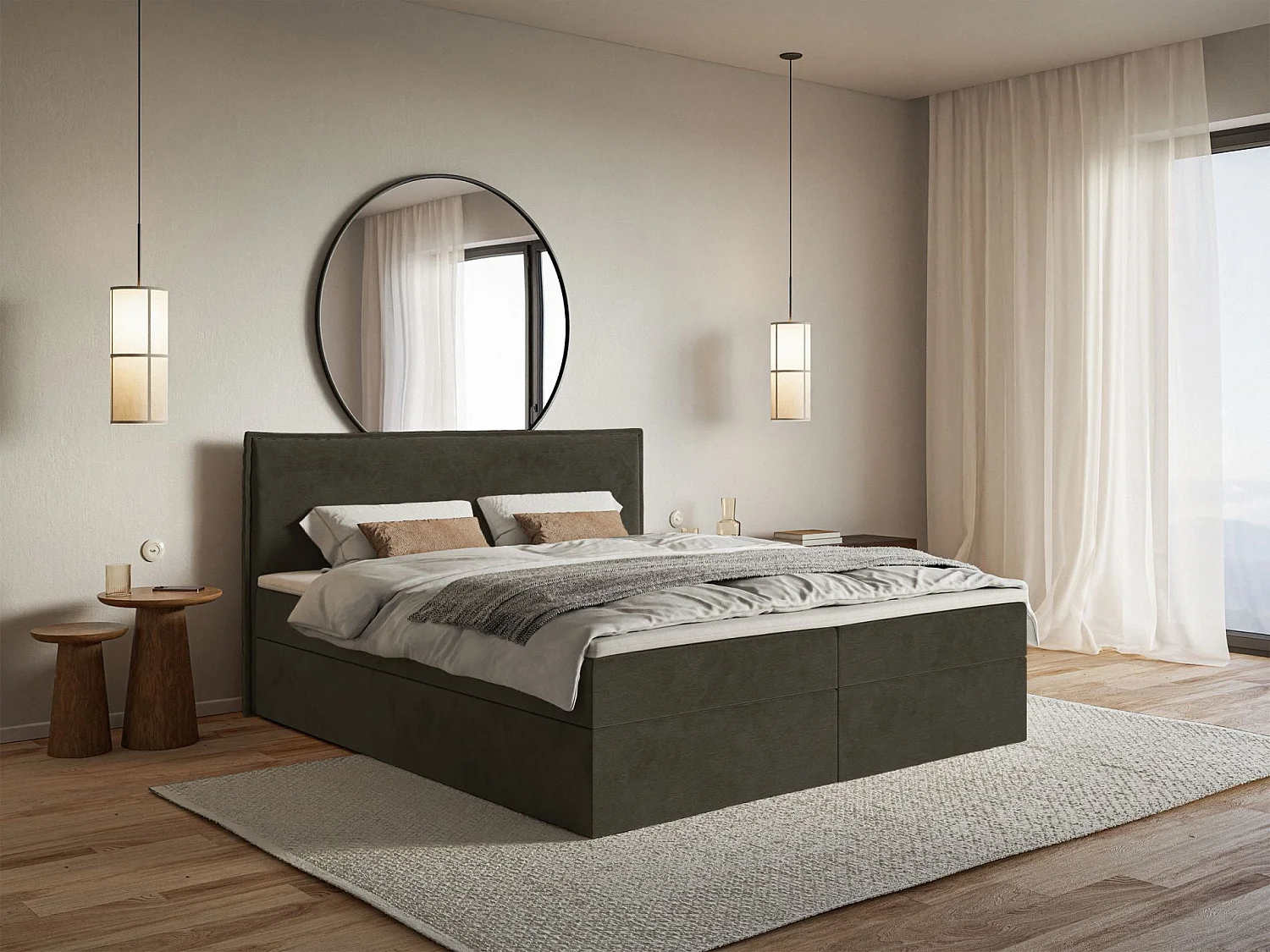 Lit boxspring 140x200 avec surmatelas – en velours déperlant – vert foncé – SOFTIE