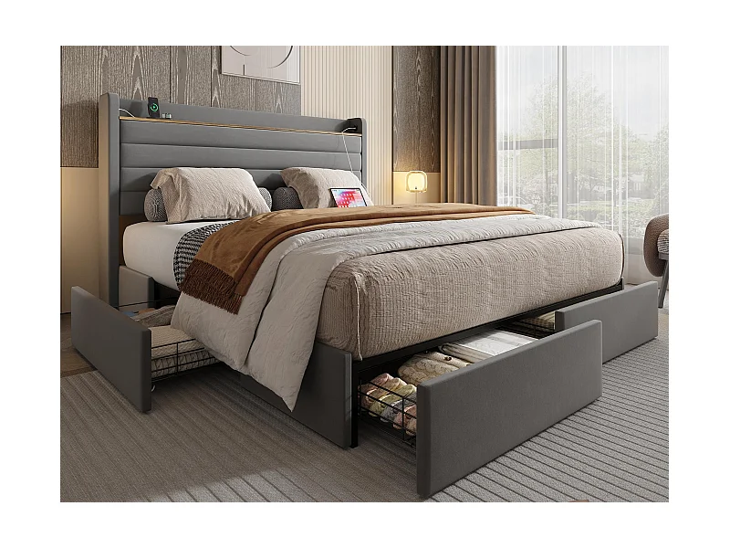 Lit Coffre 140x200 cm - Lit Rembourré en Velours Gris - avec Étagère de Tête de Lit- 4 tiroirs et port USB