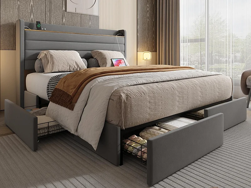 Lit Coffre 140x200 cm - Lit Rembourré en Velours Gris - avec Étagère de Tête de Lit- 4 tiroirs et port USB