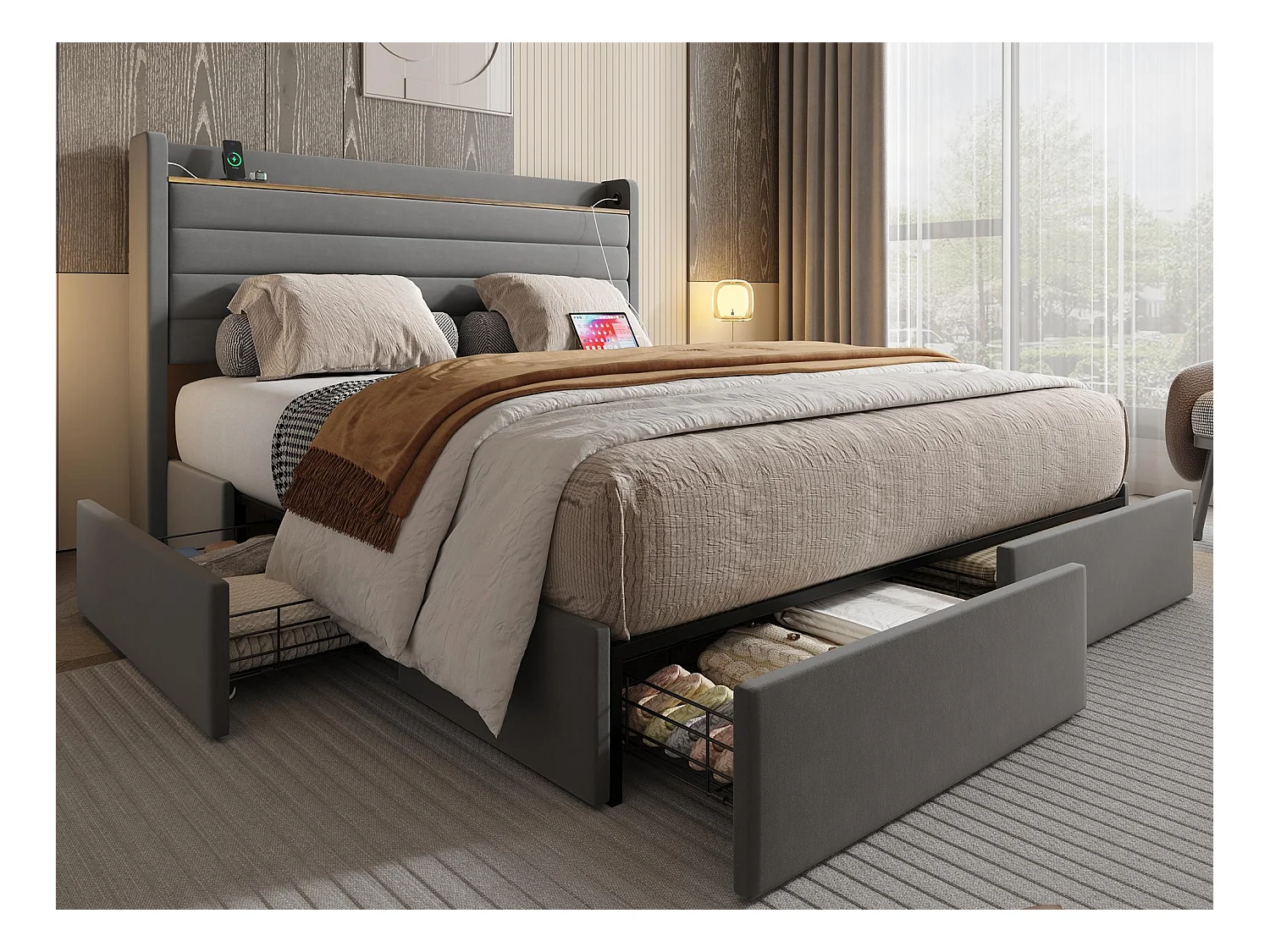 Lit Coffre 140x200 cm - Lit Rembourré en Velours Gris - avec Étagère de Tête de Lit- 4 tiroirs et port USB