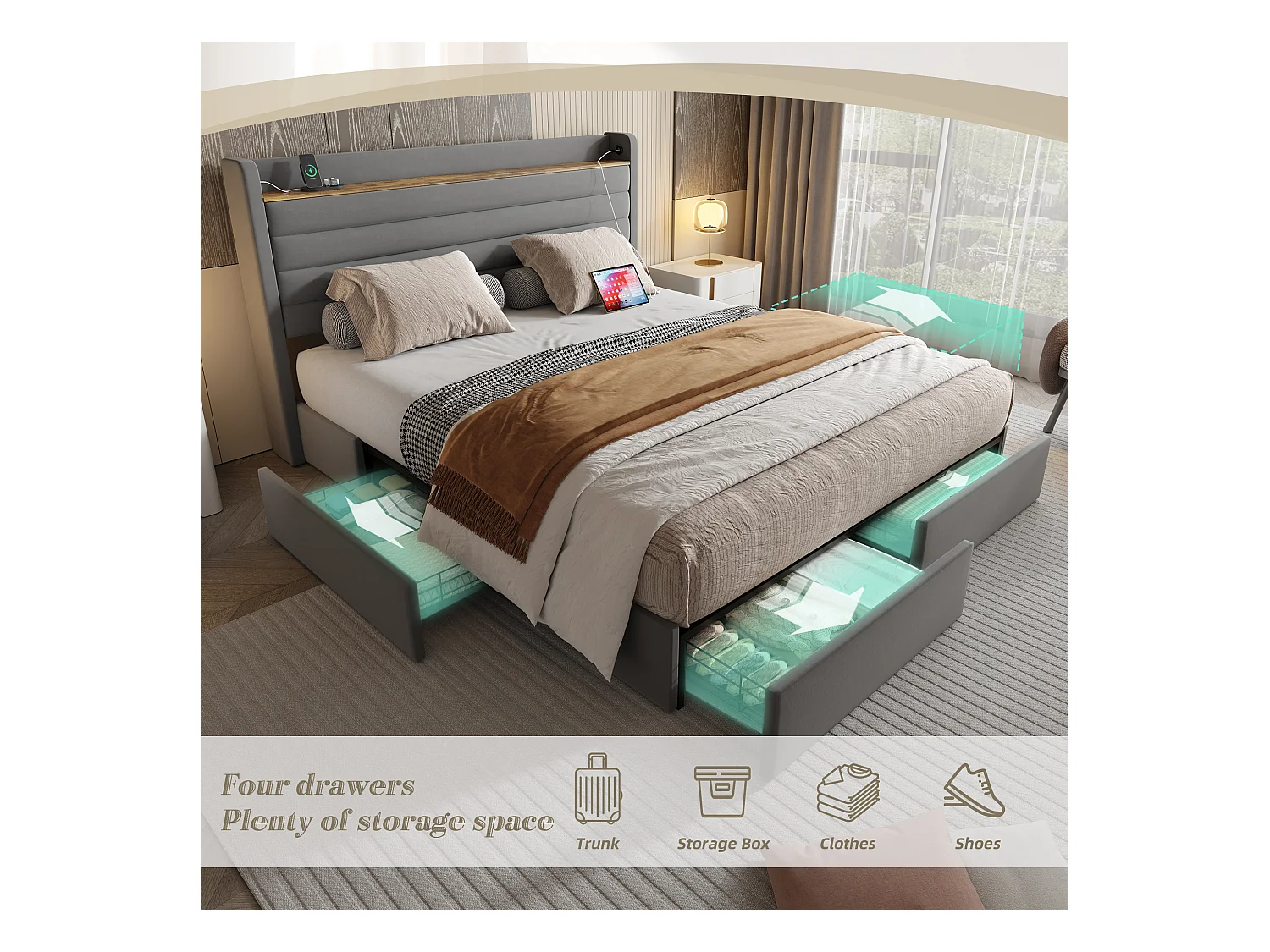 Lit Coffre 140x200 cm - Lit Rembourré en Velours Gris - avec Étagère de Tête de Lit- 4 tiroirs et port USB