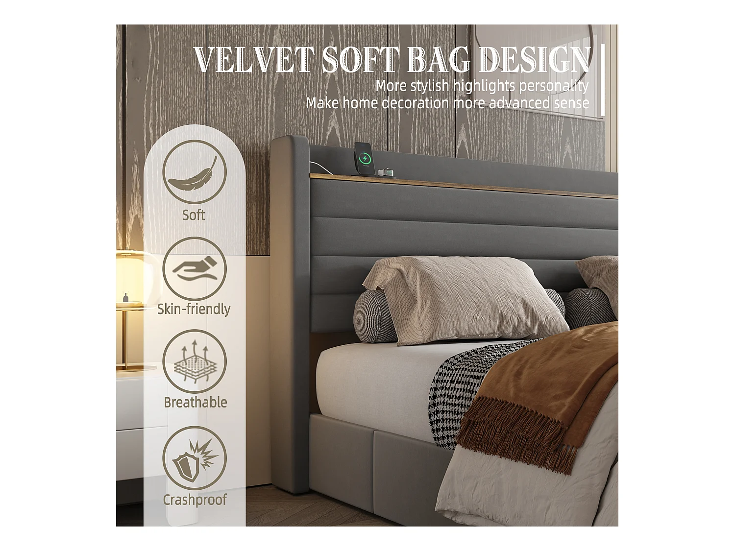 Lit Coffre 140x200 cm - Lit Rembourré en Velours Gris - avec Étagère de Tête de Lit- 4 tiroirs et port USB