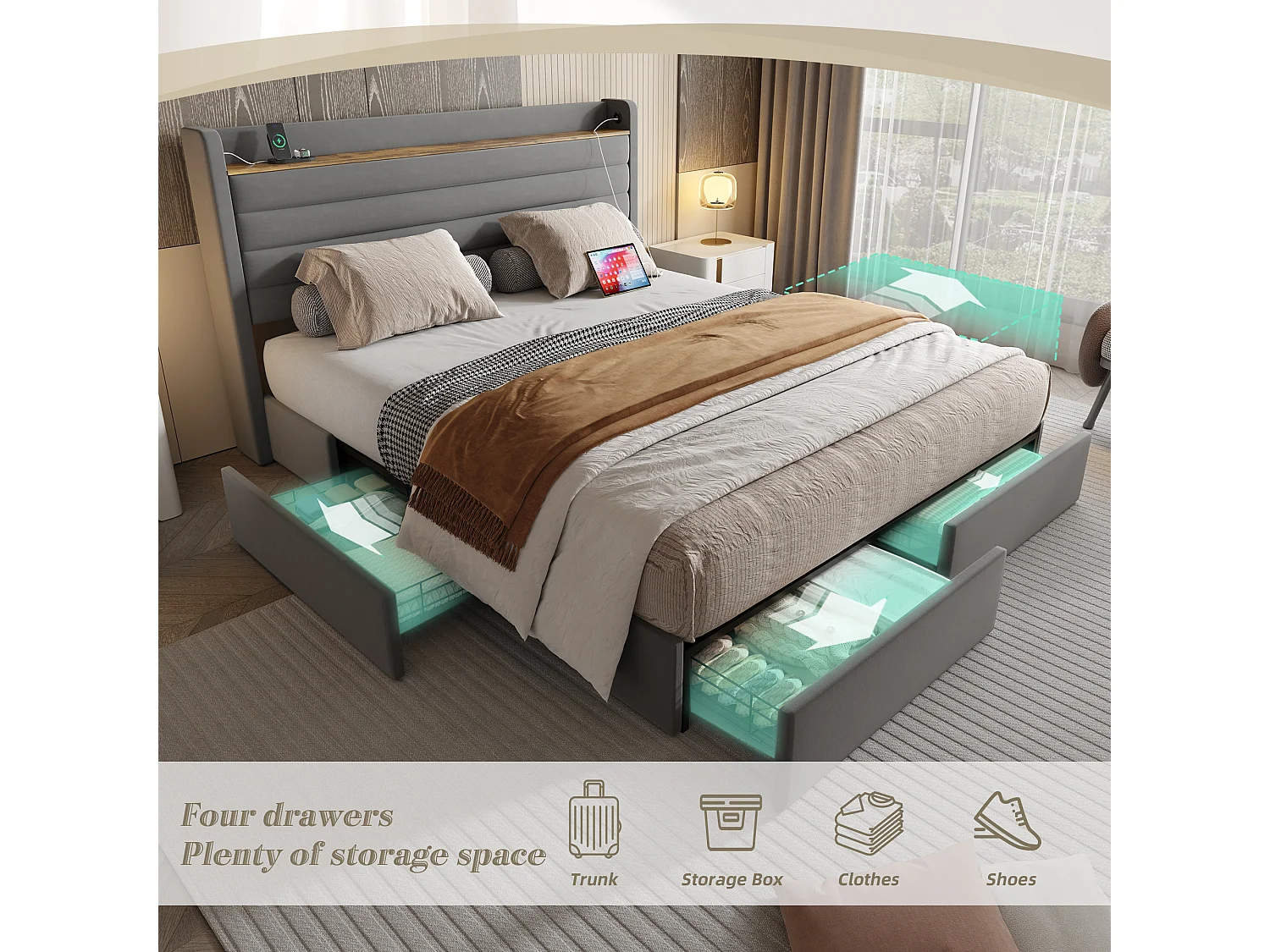 Lit Coffre 140x200 cm - Lit Rembourré en Velours Gris - avec Étagère de Tête de Lit- 4 tiroirs et port USB