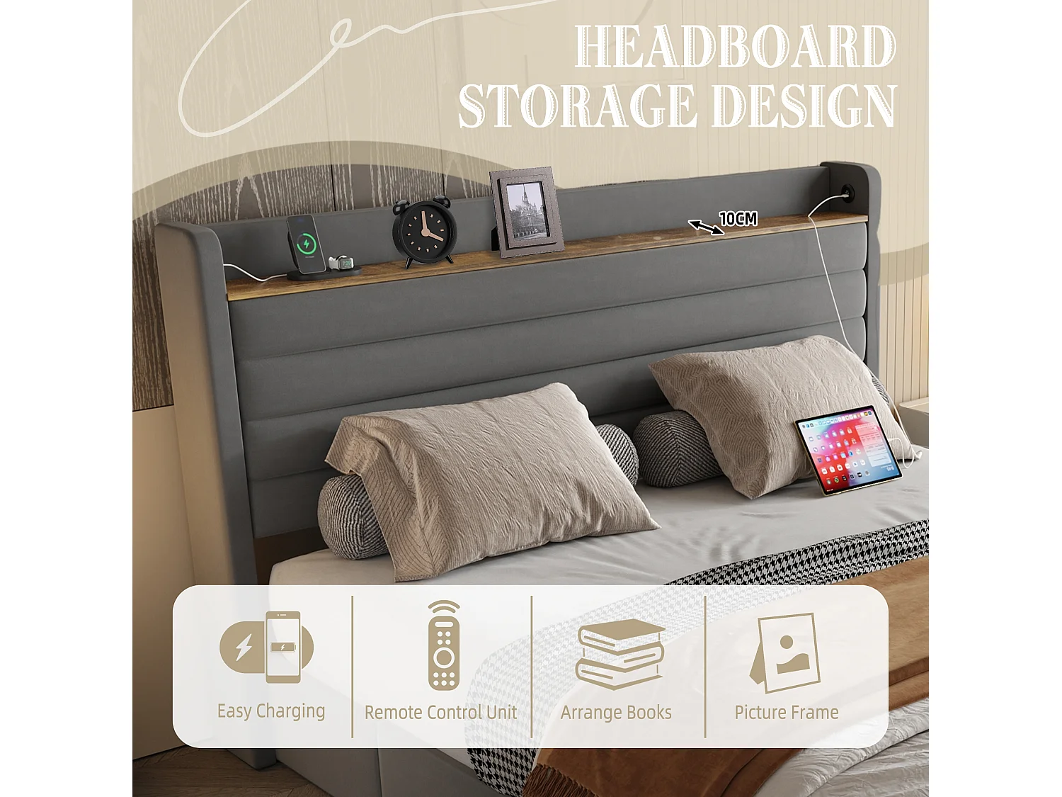 Gestoffeerd bed 140x200 cm in fluweel - Gestoffeerd hoofdbord met geïntegreerde plank - 4 lades + USB-poorten