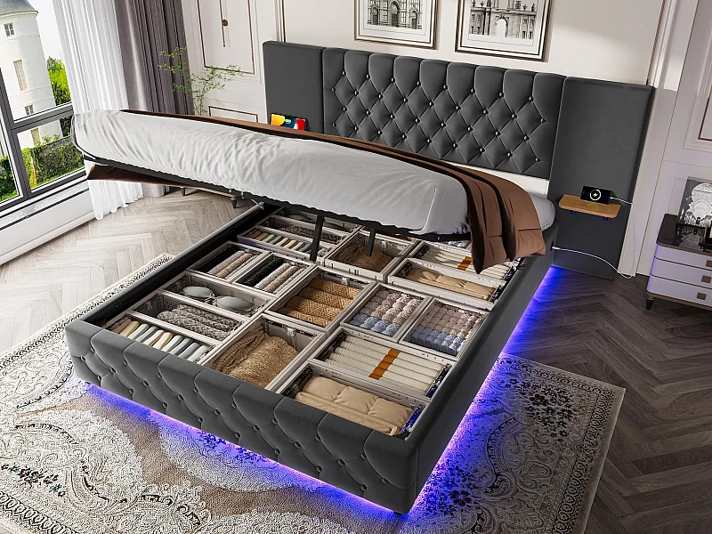 Opbergbed 160x200 cm - Hoofdbord van fluweel met diamantknoppen - LED- en USB-poorten - Hydraulisch mechanisme - Gratis opberghoes