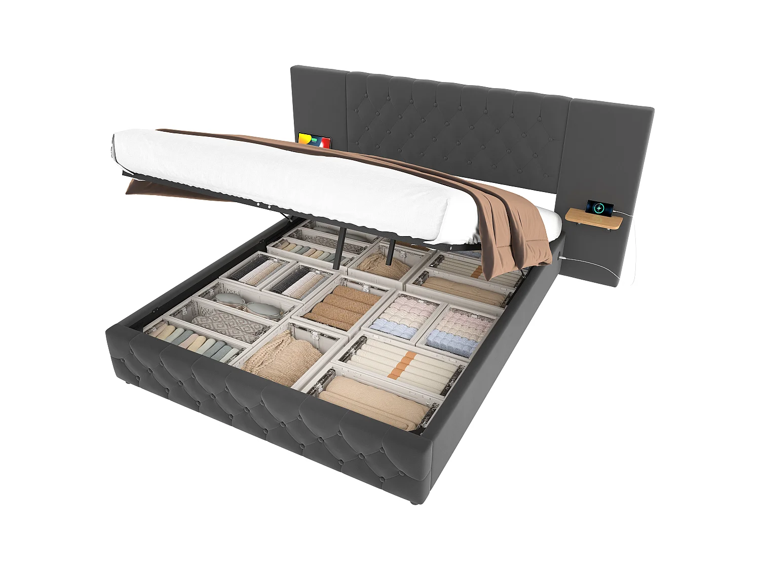 Lit Coffre 160×200 cm - Lit Rembourré en Velours Gris  – Étagère Tête De Lit - LED/USB-C – Coffre Hydraulique – Style Contemporain