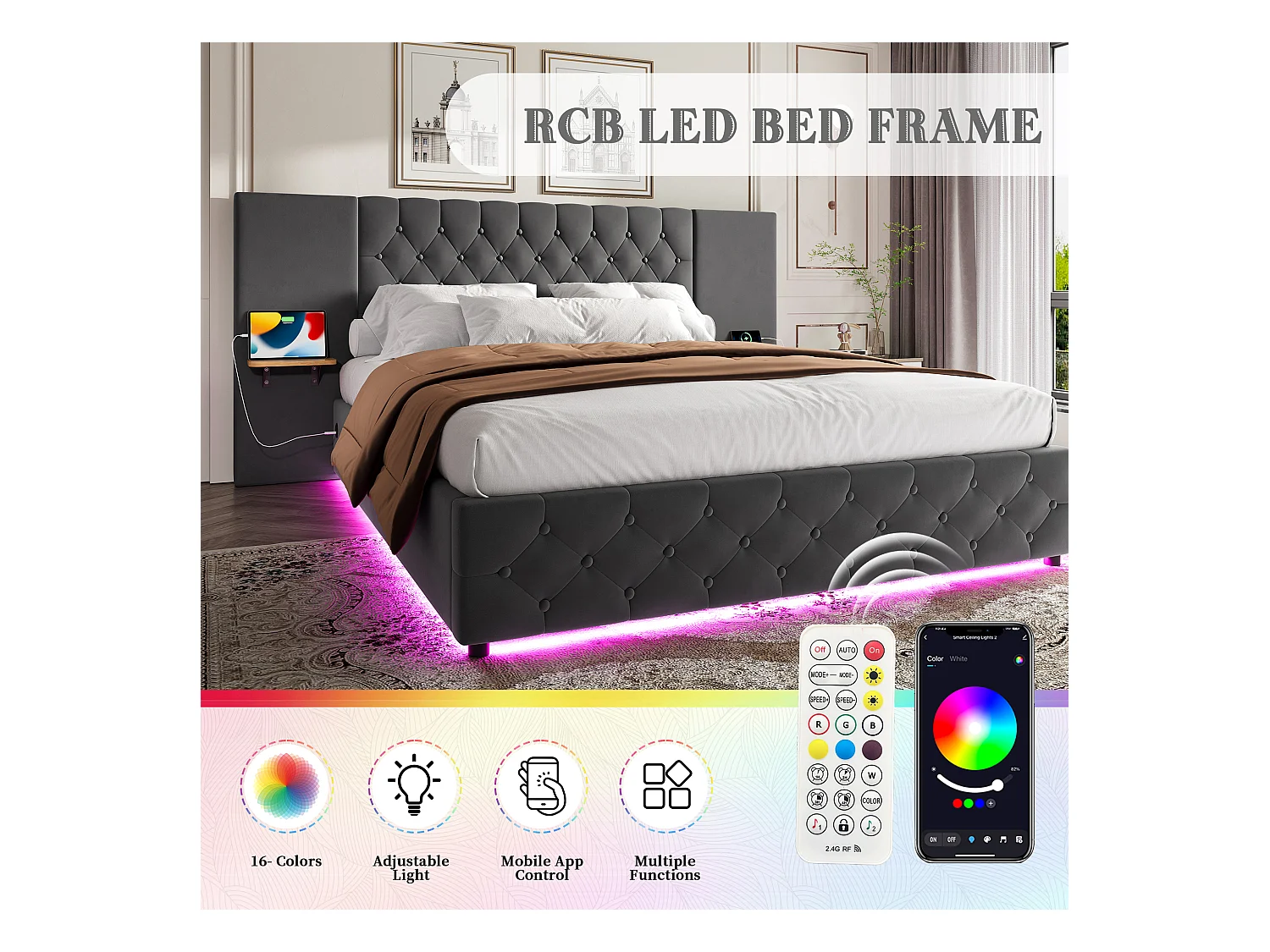 Lit Coffre 160×200 cm - Lit Rembourré en Velours Gris  – Étagère Tête De Lit - LED/USB-C – Coffre Hydraulique – Style Contemporain