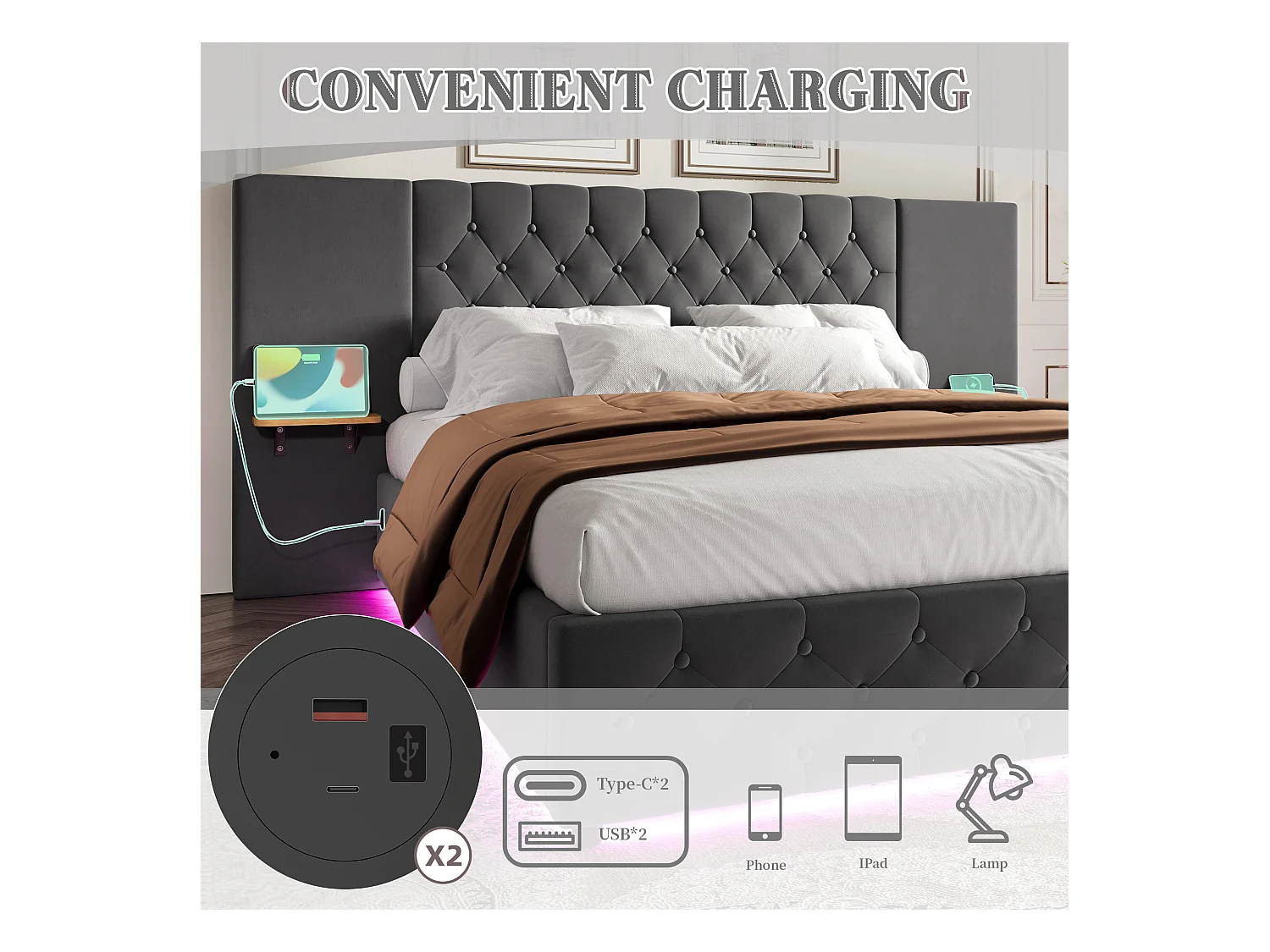 Lit Coffre 160×200 cm - Lit Rembourré en Velours Gris  – Étagère Tête De Lit - LED/USB-C – Coffre Hydraulique – Style Contemporain