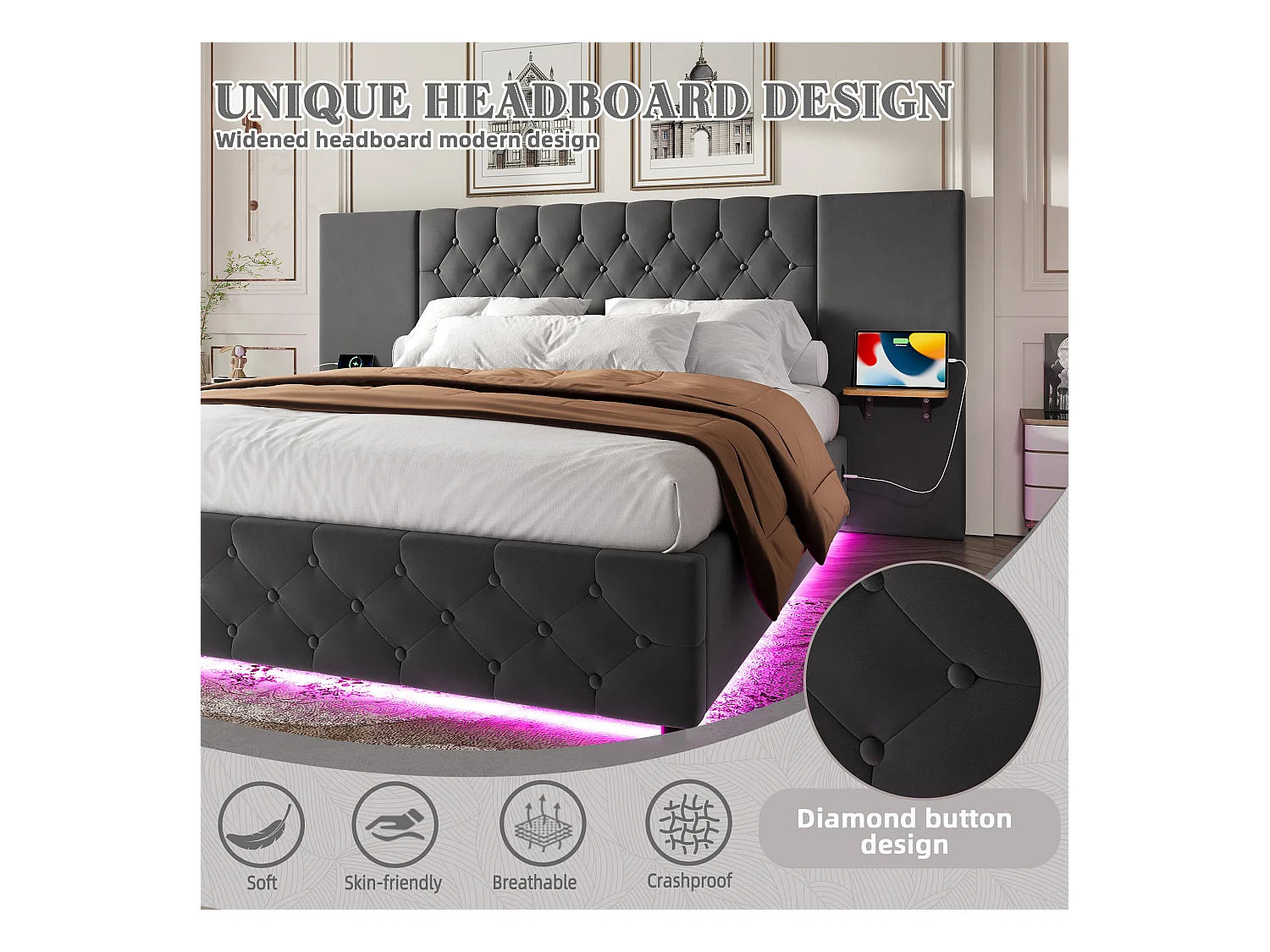 Lit Coffre 160×200 cm - Lit Rembourré en Velours Gris  – Étagère Tête De Lit - LED/USB-C – Coffre Hydraulique – Style Contemporain