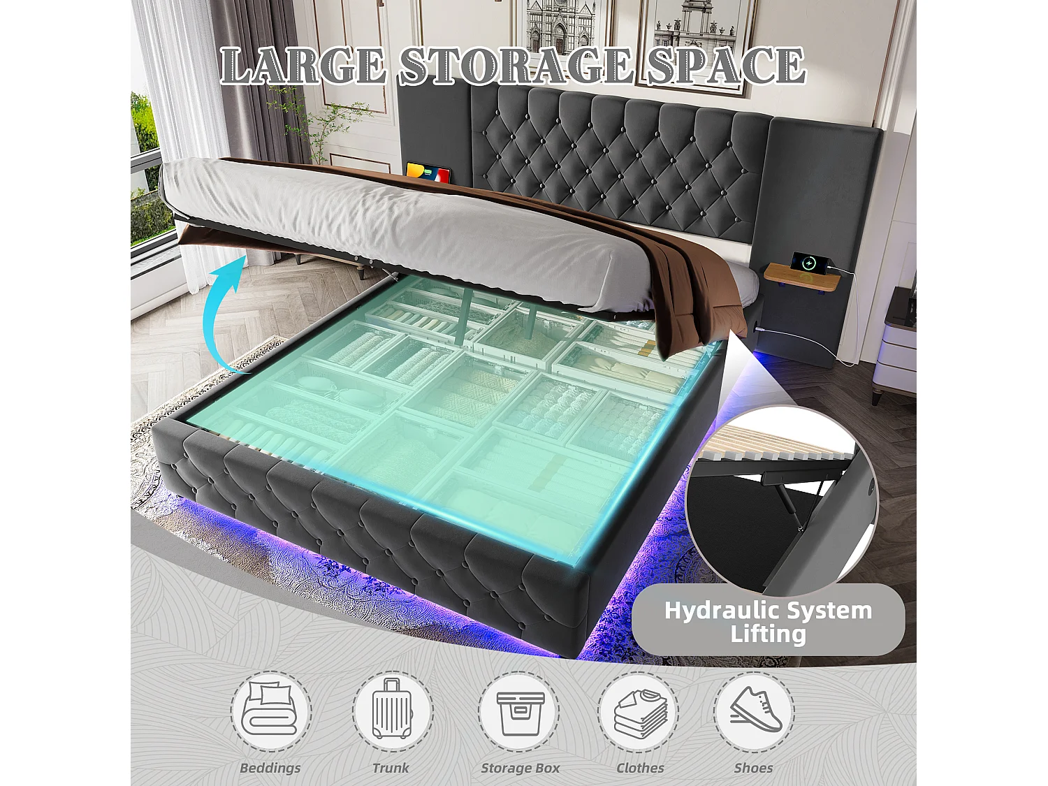 Lit Coffre 160×200 cm - Lit Rembourré en Velours Gris  – Étagère Tête De Lit - LED/USB-C – Coffre Hydraulique – Style Contemporain