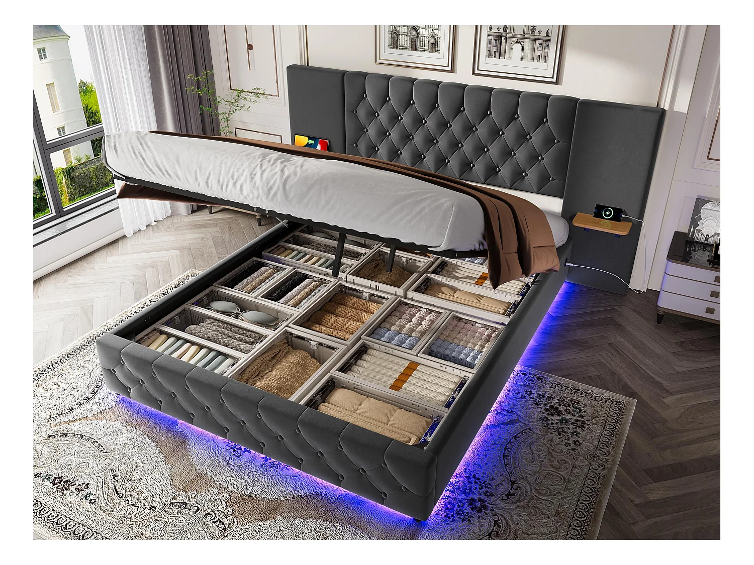 Lit Coffre 160×200 cm - Lit Rembourré en Velours Gris  – Étagère Tête De Lit - LED/USB-C – Coffre Hydraulique – Style Contemporain
