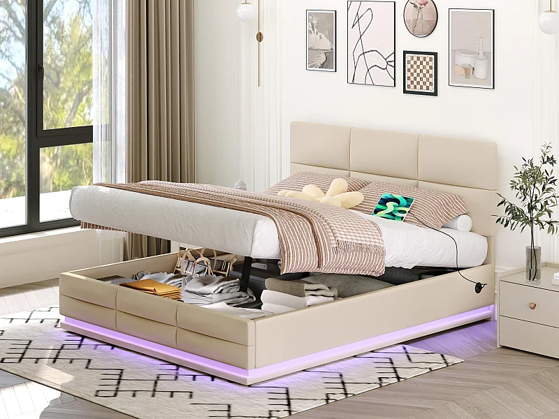 Lit Coffre 160×200 cm - Lit Rembourré en Velours Beige – LED Télécommandé + Ports USB/USB-C – Rangement Hydraulique – Style Moderne avec Motif Matelassé