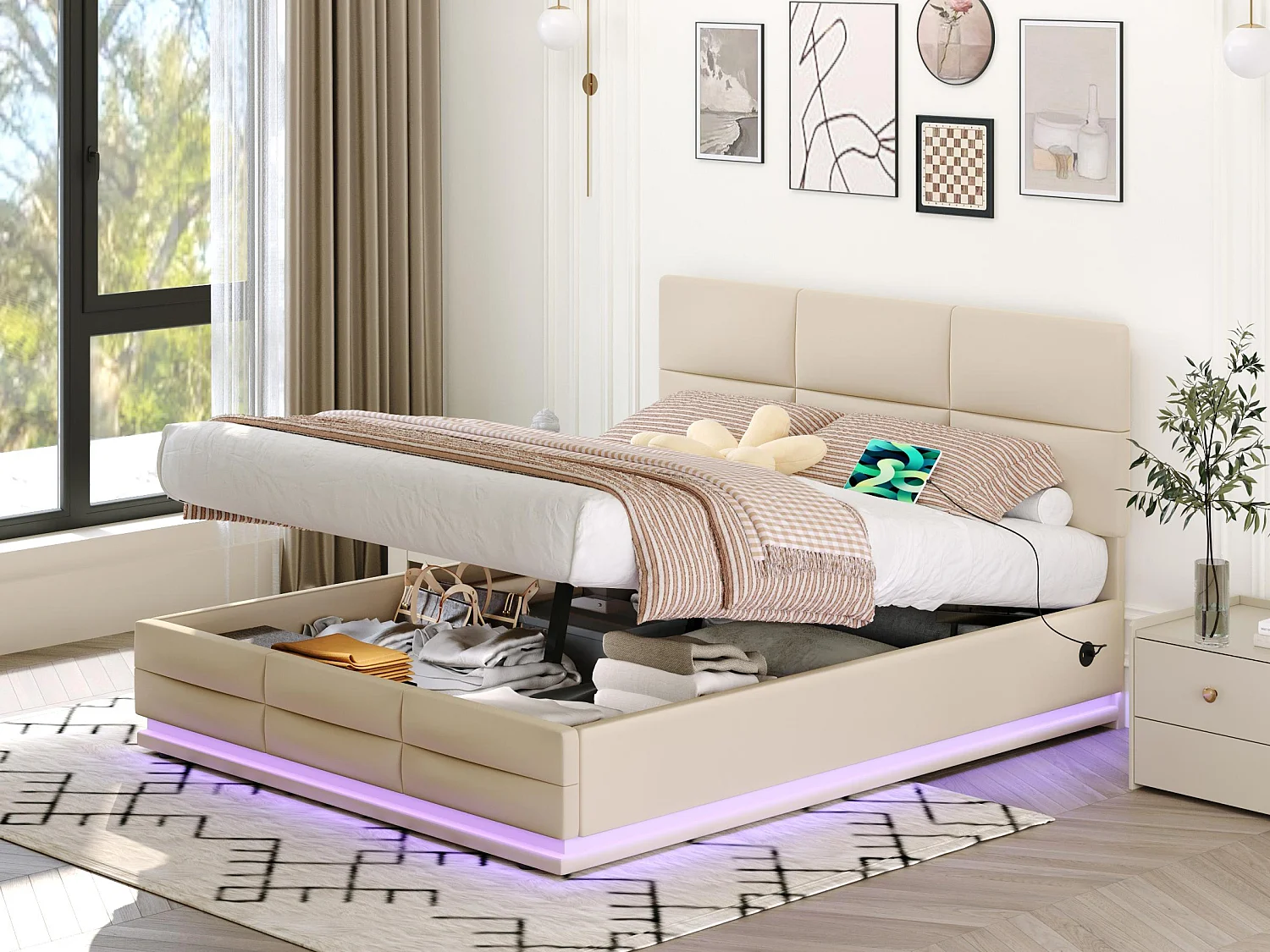 Lit Coffre 160×200 cm - Lit Rembourré en Velours Beige – LED Télécommandé + Ports USB/USB-C – Rangement Hydraulique – Style Moderne avec Motif Matelassé
