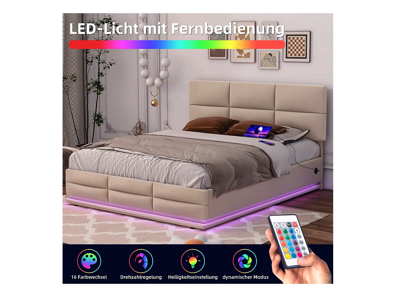 Lit Coffre 160×200 cm - Lit Rembourré en Velours Beige – LED Télécommandé + Ports USB/USB-C – Rangement Hydraulique – Style Moderne avec Motif Matelassé