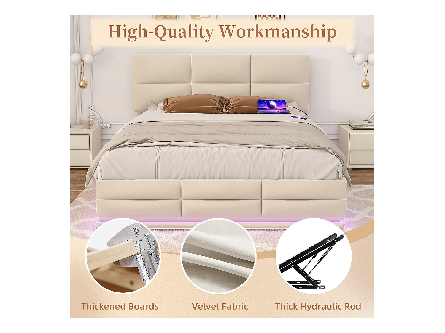 Lit Coffre 160×200 cm - Lit Rembourré en Velours Beige – LED Télécommandé + Ports USB/USB-C – Rangement Hydraulique – Style Moderne avec Motif Matelassé