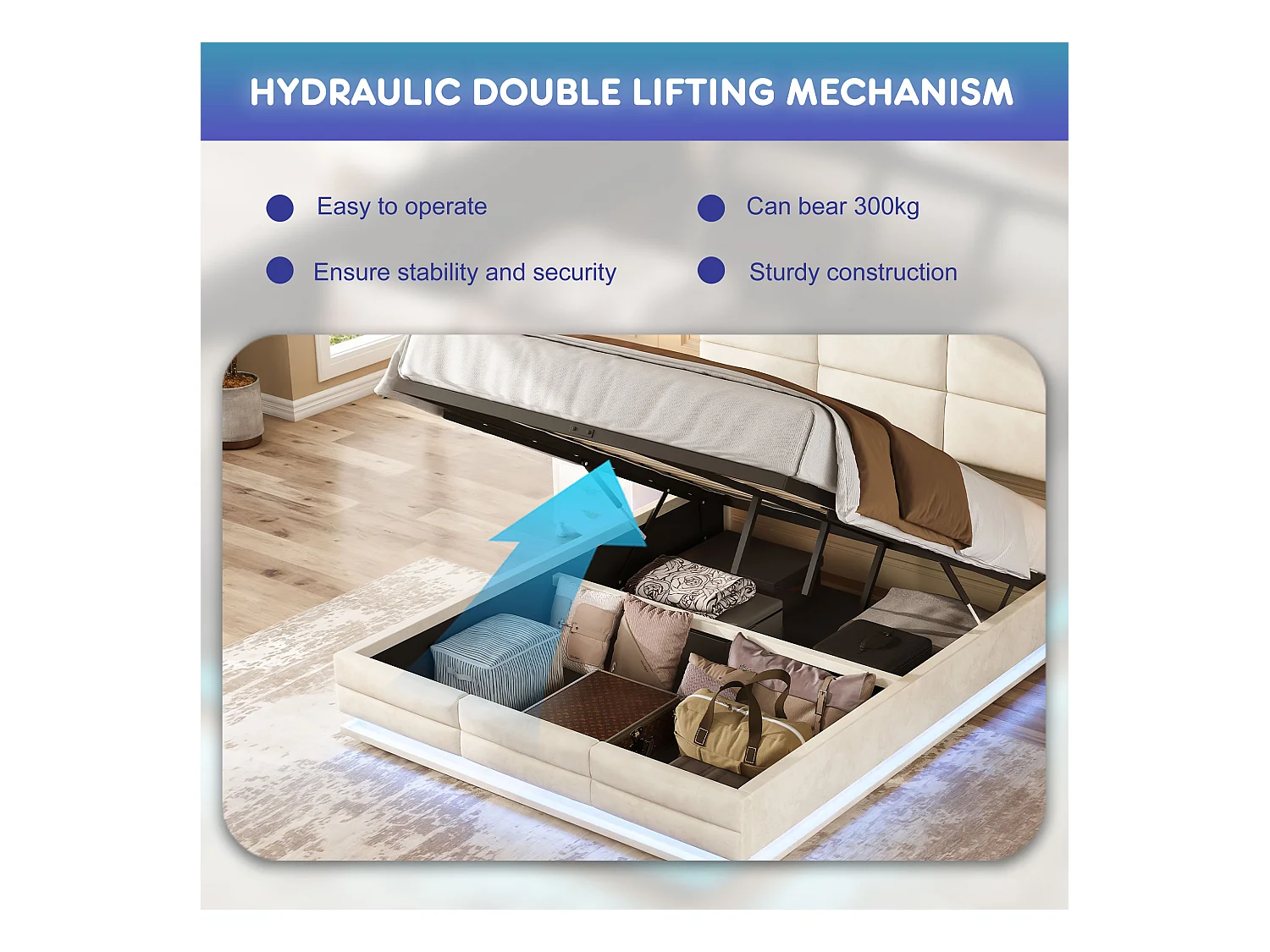 Lit Coffre 160×200 cm - Lit Rembourré en Velours Beige – LED Télécommandé + Ports USB/USB-C – Rangement Hydraulique – Style Moderne avec Motif Matelassé