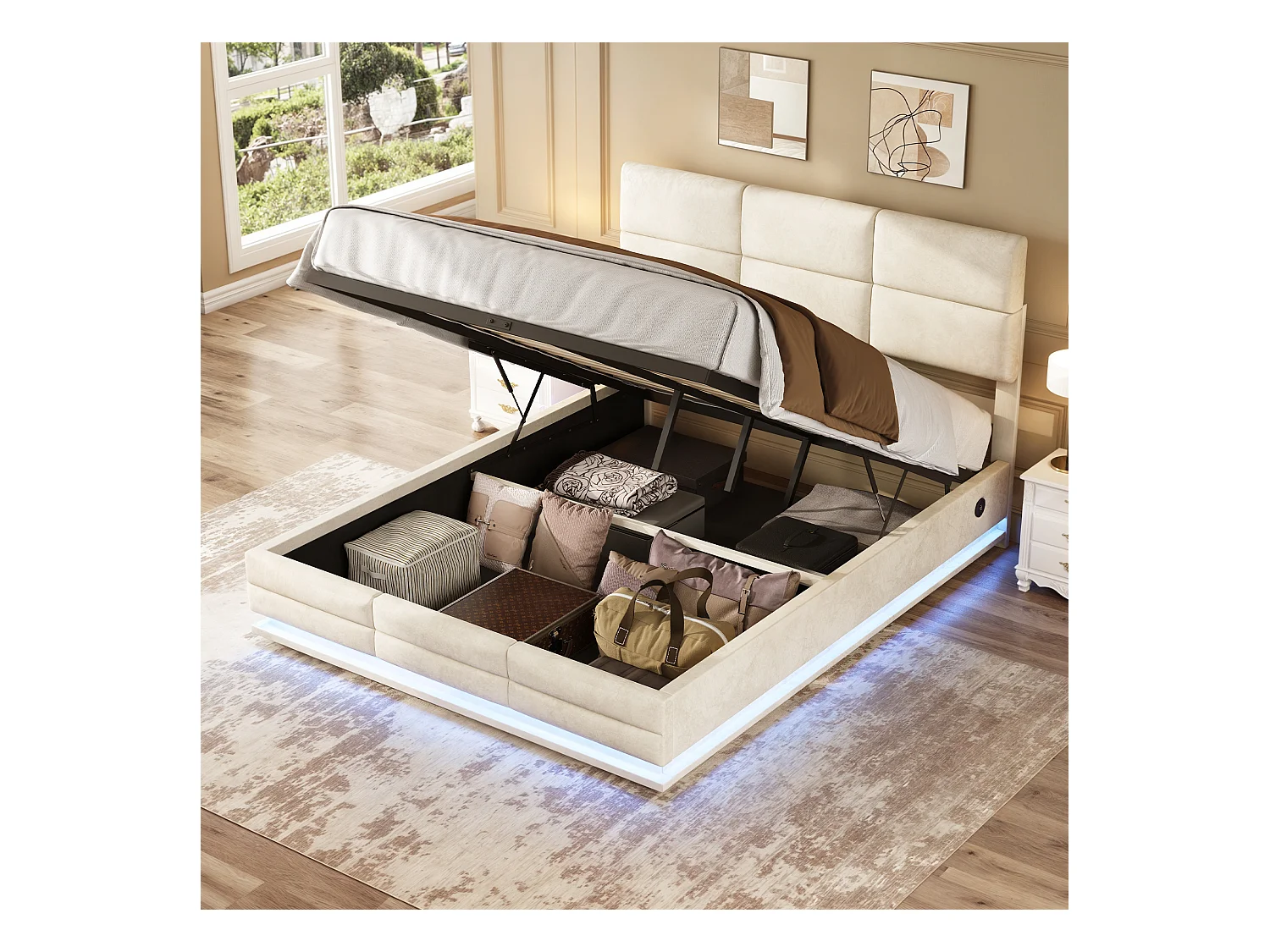 Lit Coffre 160×200 cm - Lit Rembourré en Velours Beige – LED Télécommandé + Ports USB/USB-C – Rangement Hydraulique – Style Moderne avec Motif Matelassé