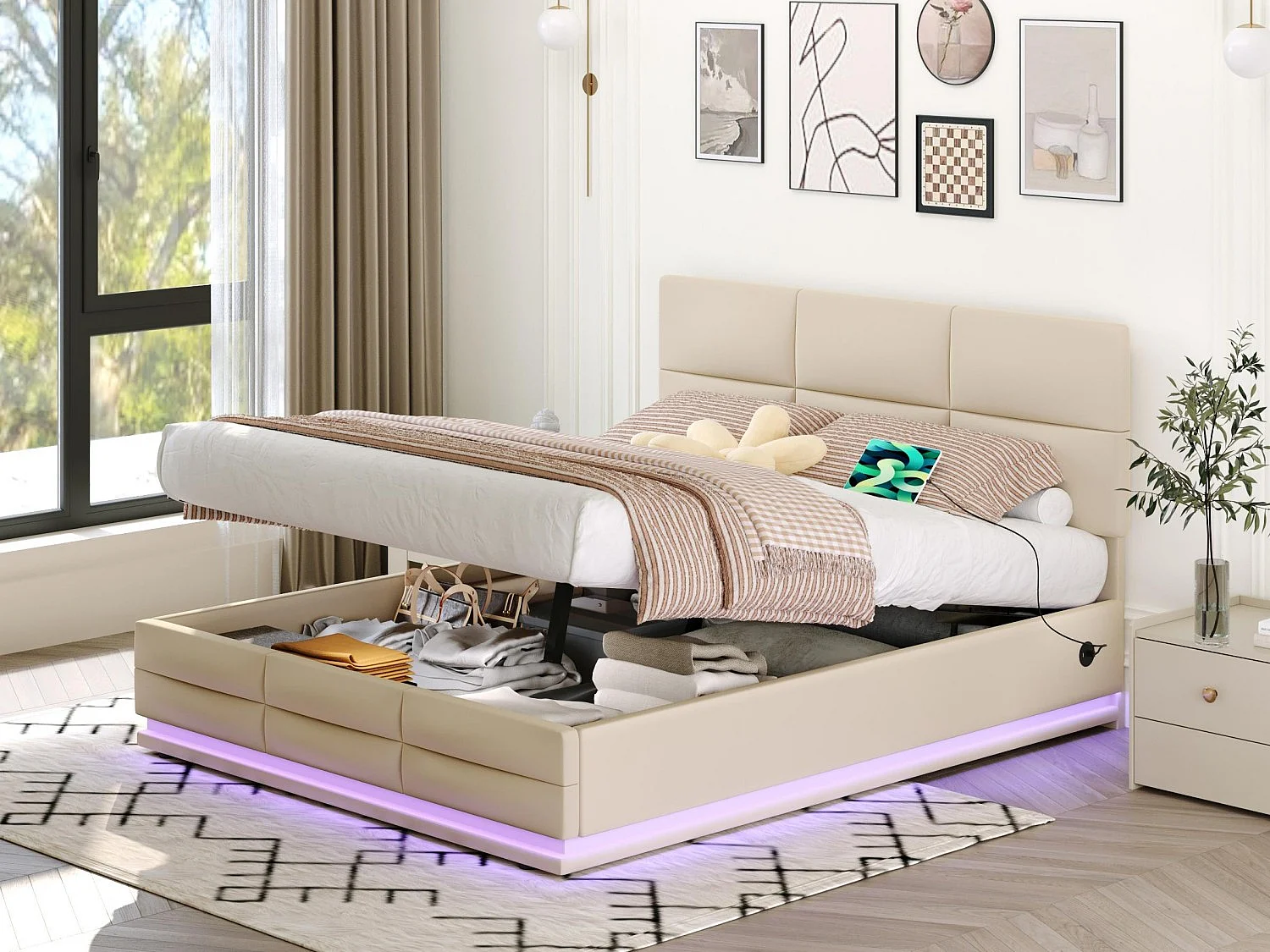 Lit Coffre 160×200 cm - Lit Rembourré en Velours Beige – LED Télécommandé + Ports USB/USB-C – Rangement Hydraulique – Style Moderne avec Motif Matelassé