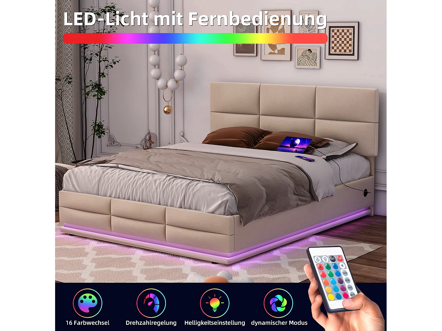 Lit Coffre 160×200 cm - Lit Rembourré en Velours Beige – LED Télécommandé + Ports USB/USB-C – Rangement Hydraulique – Style Moderne avec Motif Matelassé