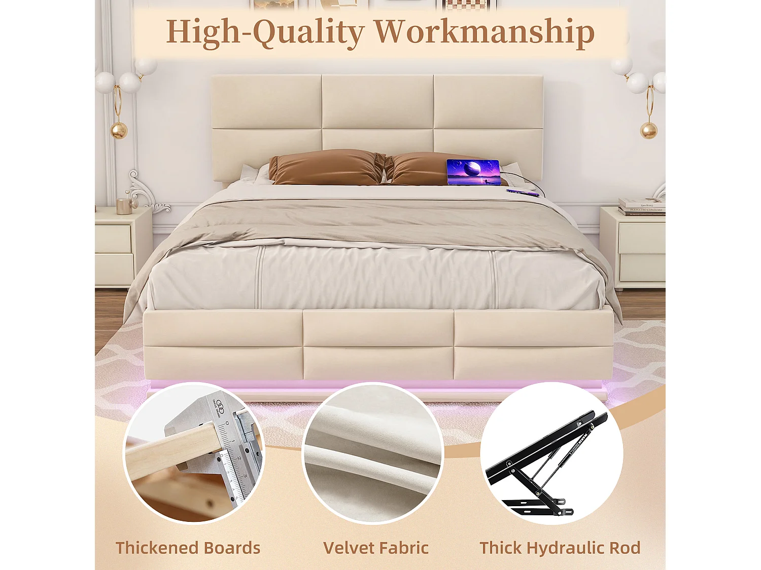 Lit Coffre 160×200 cm - Lit Rembourré en Velours Beige – LED Télécommandé + Ports USB/USB-C – Rangement Hydraulique – Style Moderne avec Motif Matelassé