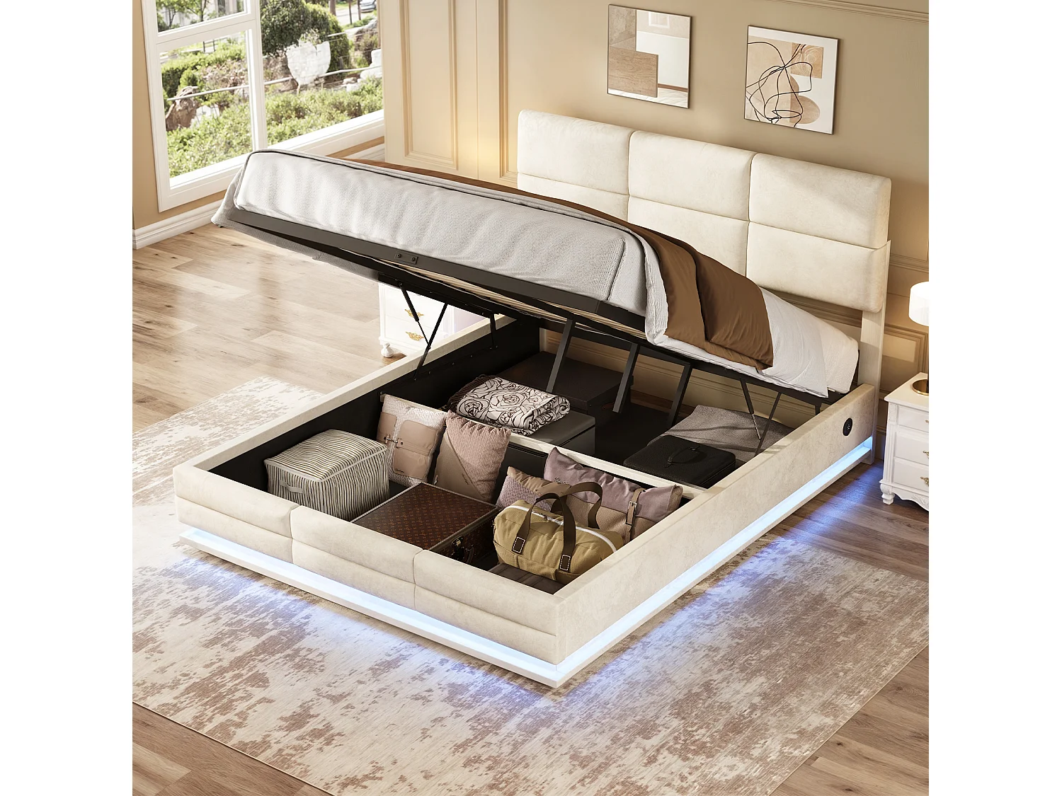 Lit Coffre 160×200 cm - Lit Rembourré en Velours Beige – LED Télécommandé + Ports USB/USB-C – Rangement Hydraulique – Style Moderne avec Motif Matelassé