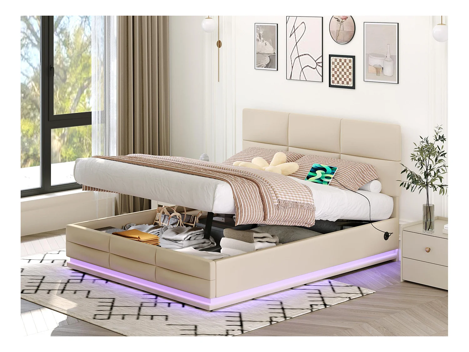 Lit Coffre 160×200 cm - Lit Rembourré en Velours Beige – LED Télécommandé + Ports USB/USB-C – Rangement Hydraulique – Style Moderne avec Motif Matelassé