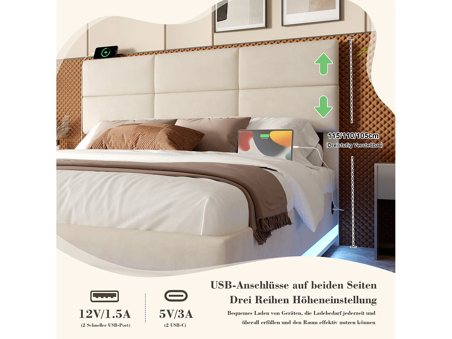 Lit Coffre 160×200 cm - Lit Rembourré en Velours Beige – LED Télécommandé + Ports USB/USB-C – Rangement Hydraulique – Style Moderne avec Motif Matelassé