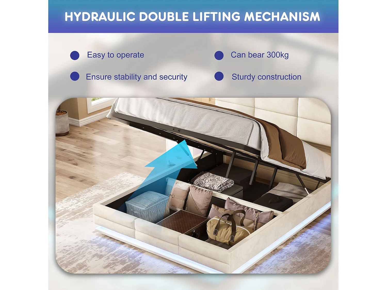 Lit Coffre 160×200 cm - Lit Rembourré en Velours Beige – LED Télécommandé + Ports USB/USB-C – Rangement Hydraulique – Style Moderne avec Motif Matelassé