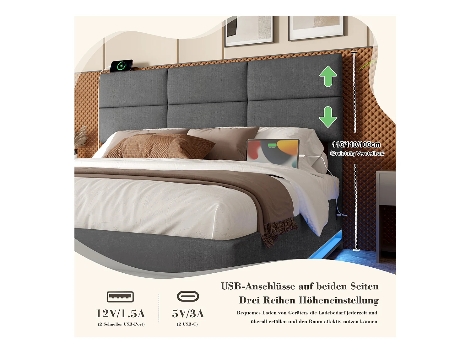 Lit Coffre 160×200 cm Velours Gris - Lit Rembourré – LED Télécommandé + Port USB – Rangement Hydraulique – Style Moderne avec Motif Matelassé