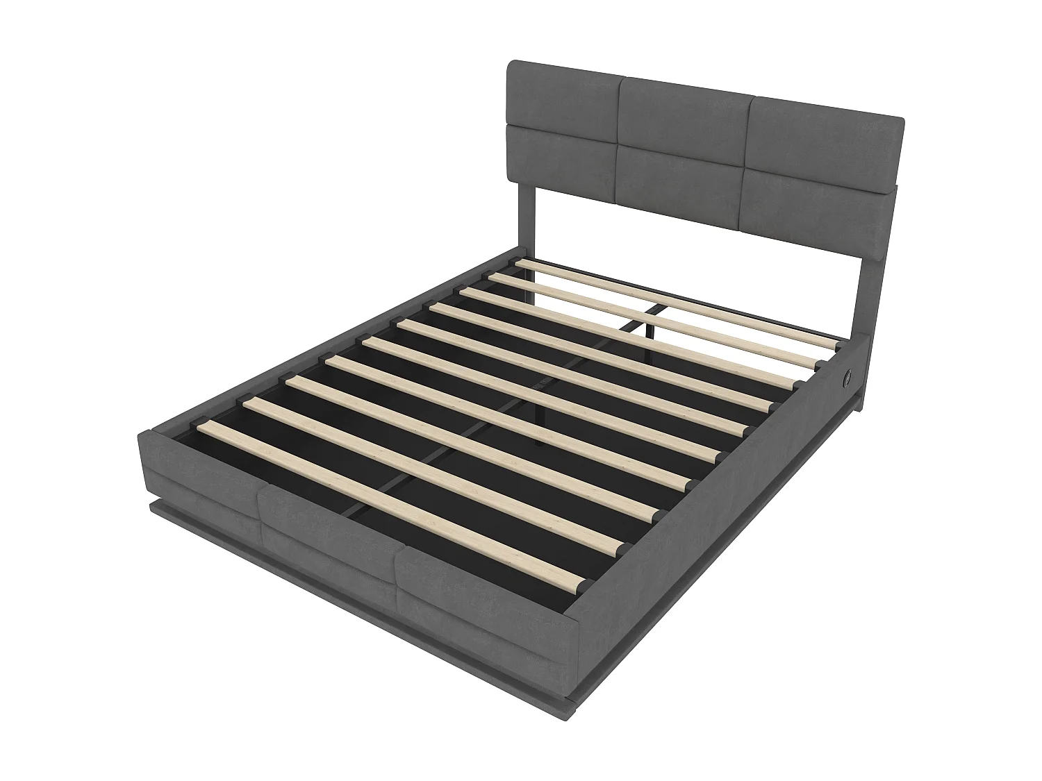 Lit Coffre 160×200 cm Velours Gris - Lit Rembourré – LED Télécommandé + Port USB – Rangement Hydraulique – Style Moderne avec Motif Matelassé