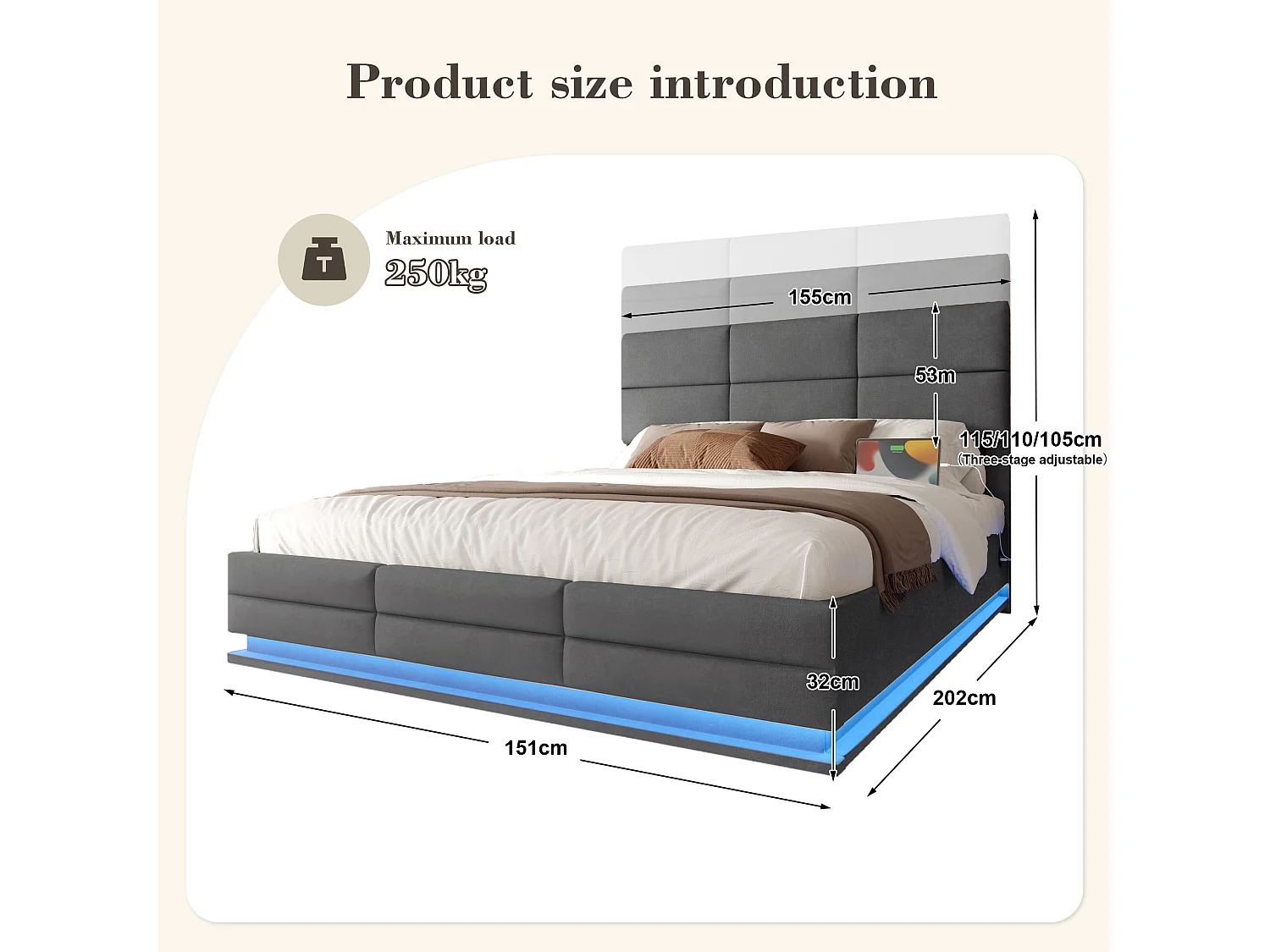 Lit Coffre 160×200 cm Velours Gris - Lit Rembourré – LED Télécommandé + Port USB – Rangement Hydraulique – Style Moderne avec Motif Matelassé