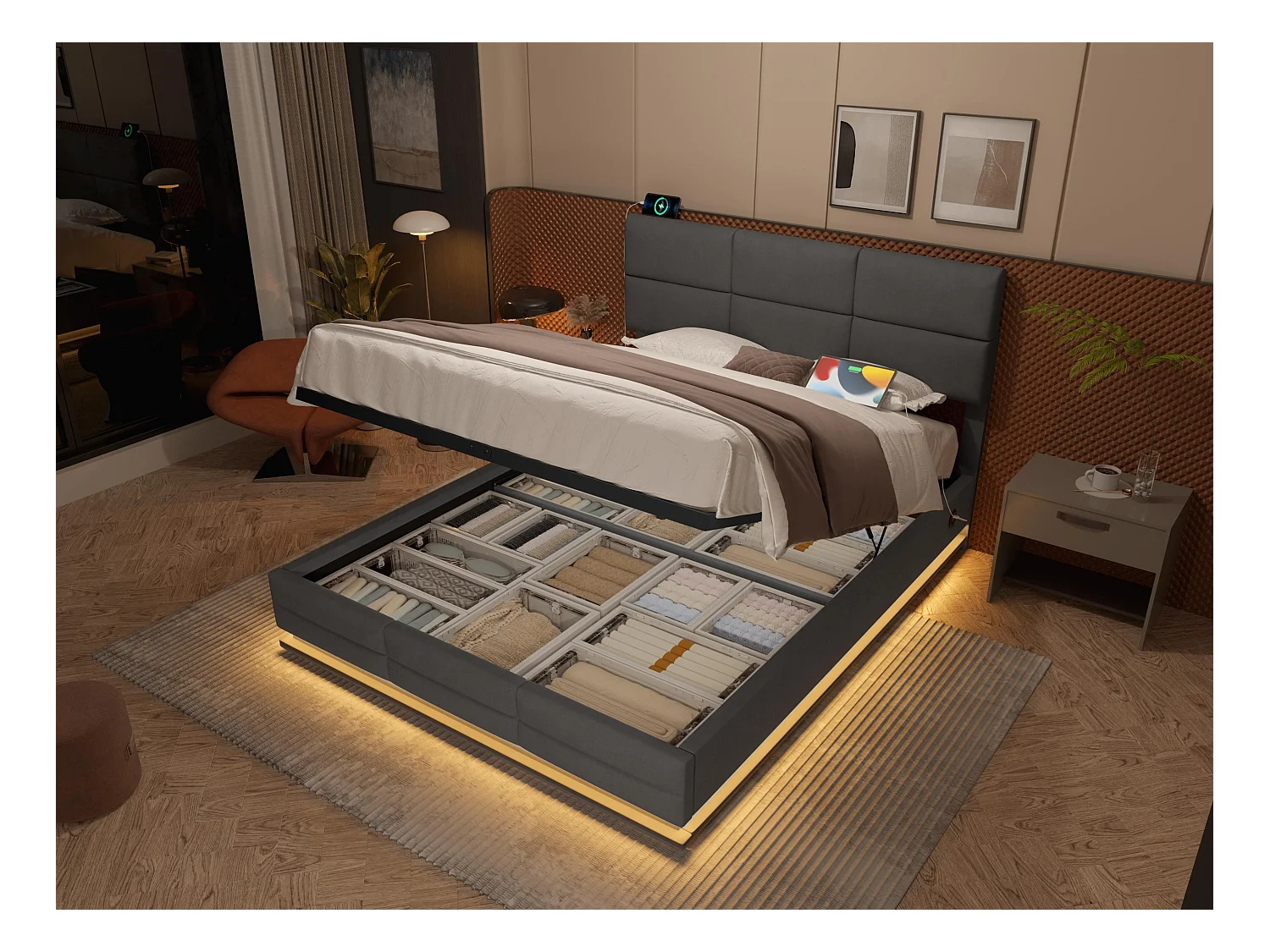 Opbergbed 160×200cm Grijs Fluweel - Gestoffeerd Bed - Afstandsbediening LED + USB-poort - Hydraulische Opbergruimte - Moderne Stijl met Gewatteerd Patroon