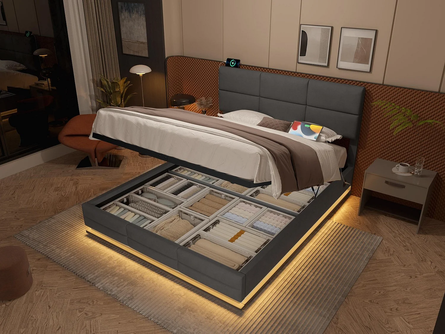 Lit Coffre 160×200 cm Velours Gris - Lit Rembourré – LED Télécommandé + Port USB – Rangement Hydraulique – Style Moderne avec Motif Matelassé