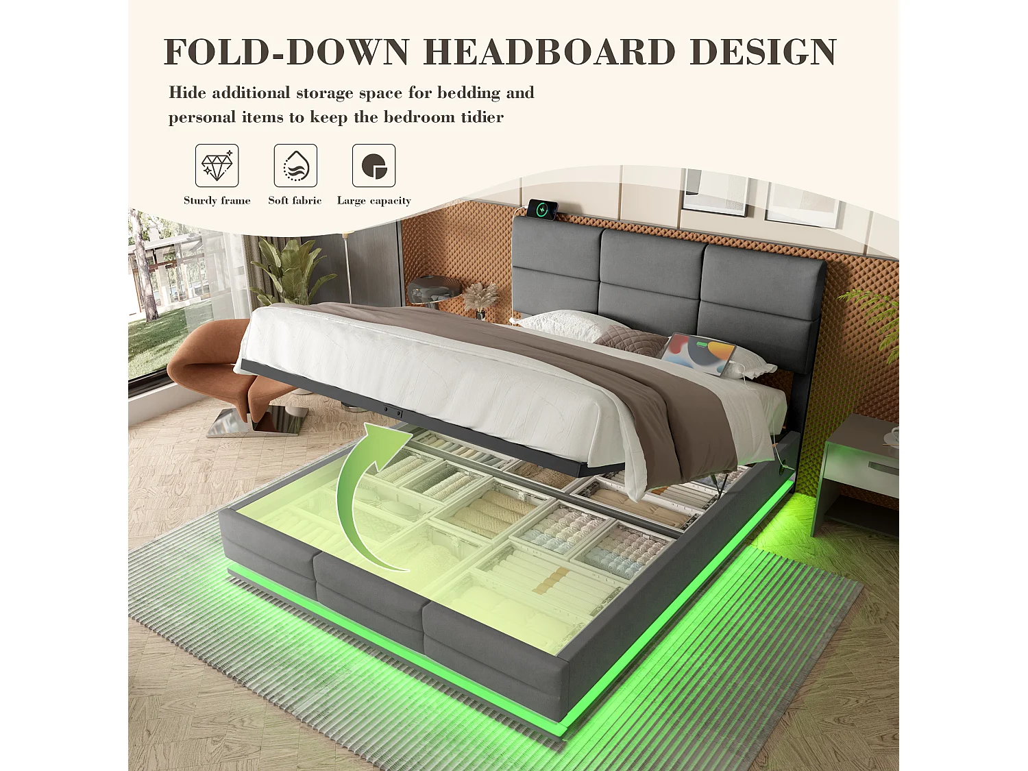 Lit Coffre 180×200 cm Velours Gris - Lit Rembourré – LED Télécommandé + Port USB – Rangement Hydraulique – Style Moderne avec Motif Matelassé