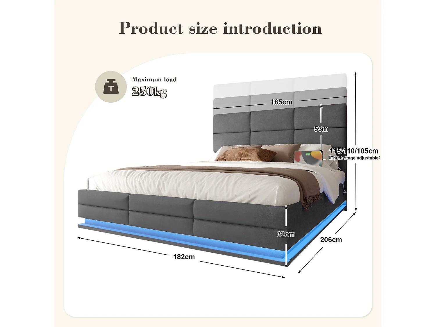Lit Coffre 180×200 cm Velours Gris - Lit Rembourré – LED Télécommandé + Port USB – Rangement Hydraulique – Style Moderne avec Motif Matelassé