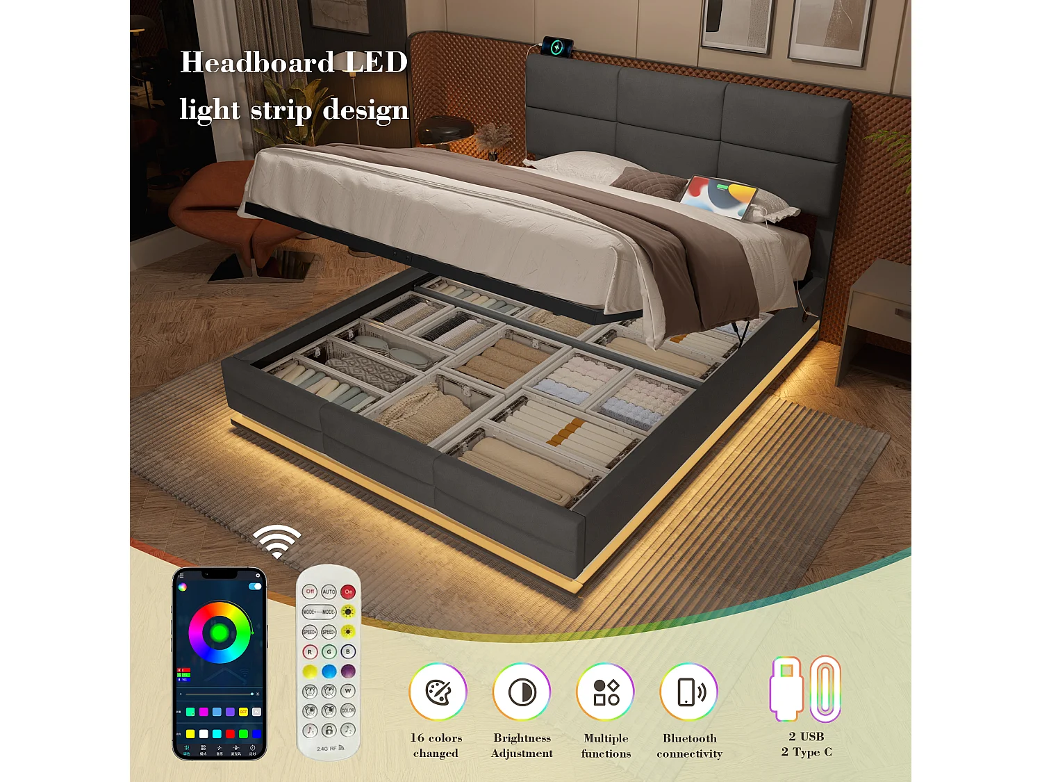 Opbergbed 180×200cm Grijs Fluweel - Gestoffeerd Bed - Afstandsbediening LED + USB-poort - Hydraulische Opbergruimte - Moderne Stijl met Gewatteerd Patroon