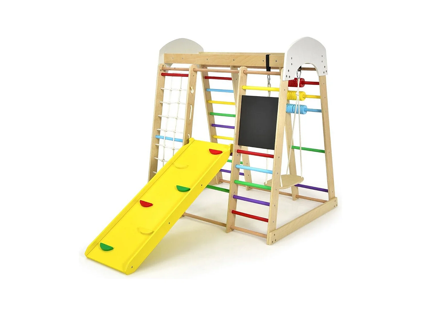 Set arrampicata 8 in 1 per bambini con abaco e altalena, Set arrampicata di legno con scivolo e scala Colorato