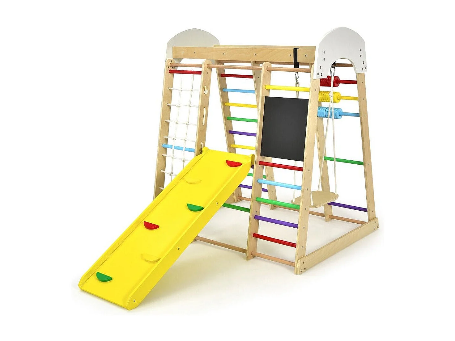 Set arrampicata 8 in 1 per bambini con abaco e altalena, Set arrampicata di legno con scivolo e scala Colorato